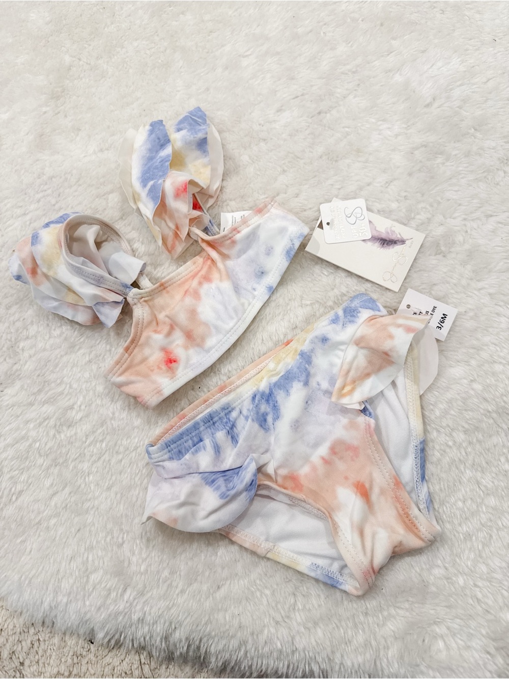 Tie-Dye Ruffle Bikini Set - Pastel Blue, Peach, Cream